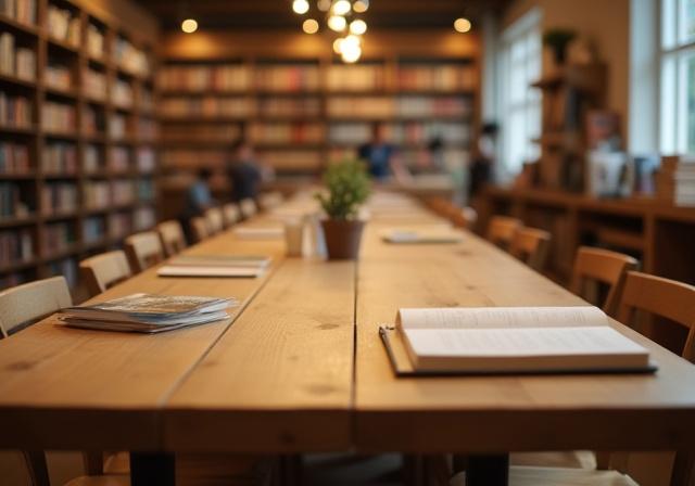 A large wooden table in the center of the store for workshops and study groups.